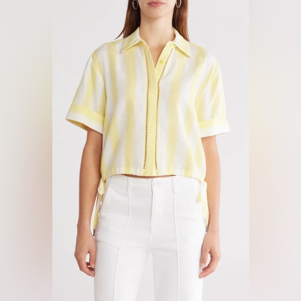 Simkhai Keston Stripe Short Sleeve Linen Blend Crop Shirt